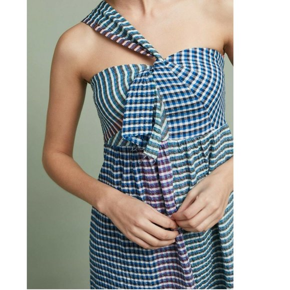 NEW Anthropologie Maeve One Shoulder Gingham Waverly Dress Check Plaid Blue $138 - Picture 5 of 6